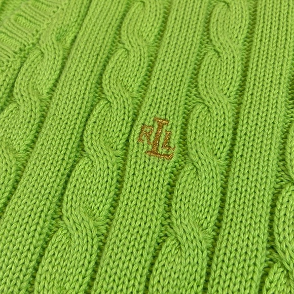 LAUREN Ralph Lauren V Neck Cable Knit Vintage Sweater. Bright Green. Size Large. - Picture 3 of 9